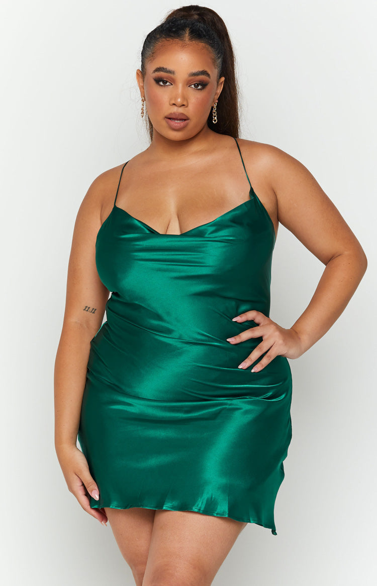 Emerald green satin mini dress with a draped cowl neckline and thin spaghetti straps