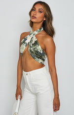 Multi-colour abstract print scarf top with a criss-cross halter neckline and cropped hem
