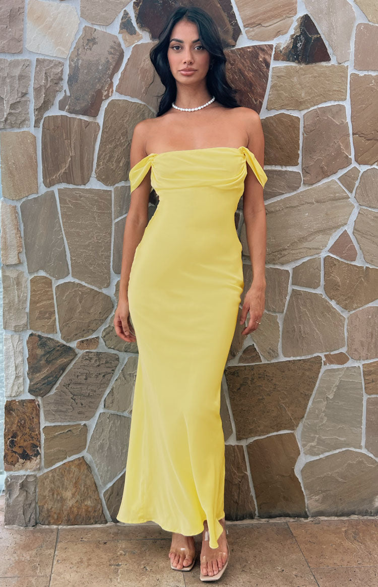 Beginning Boutique Ella Light Yellow Off Shoulder Formal Maxi Dress light yellow off-shoulder maxi dress with draped ruched neckline and flowing skirt