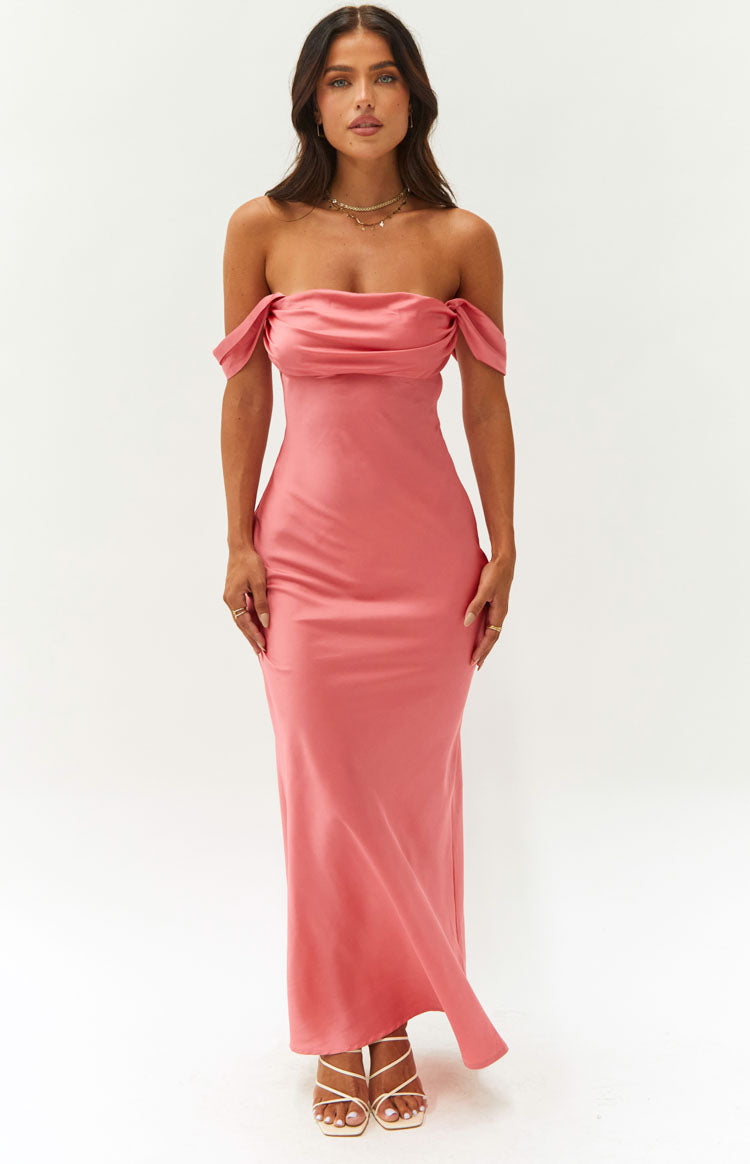 Pink off-shoulder formal dress with a draped neckline and a flowing maxi skirt