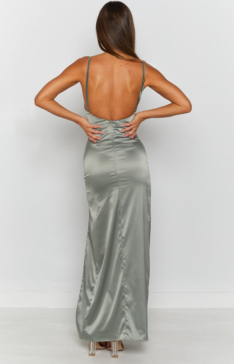 Khaki satin maxi dress with a deep scoop back, delicate spaghetti straps, and a visible back zipper
