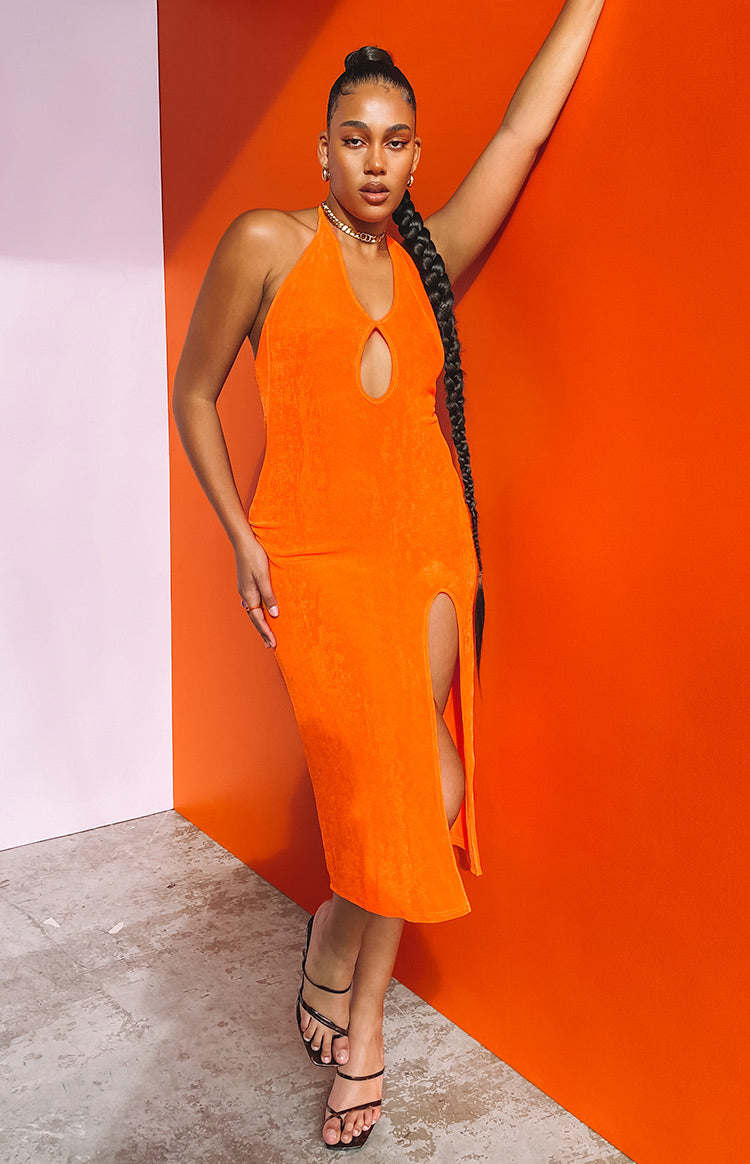 Orange textured halter midi dress with a keyhole cutout and high side slit