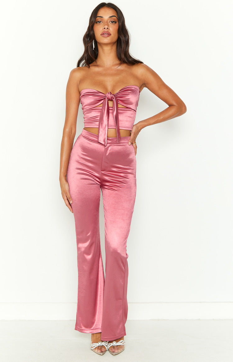 Beginning Boutique Indigo Pink High Waisted Flare Pants indigo pink satin high-waisted flare pants