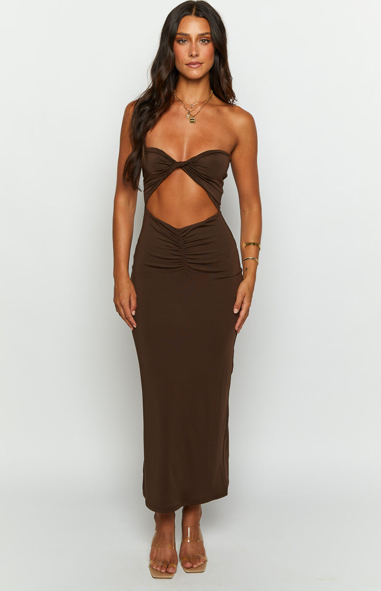 Beginning Boutique Juliete Brown Midi Dress brown strapless twisted knot cutout ruched bodycon midi dress