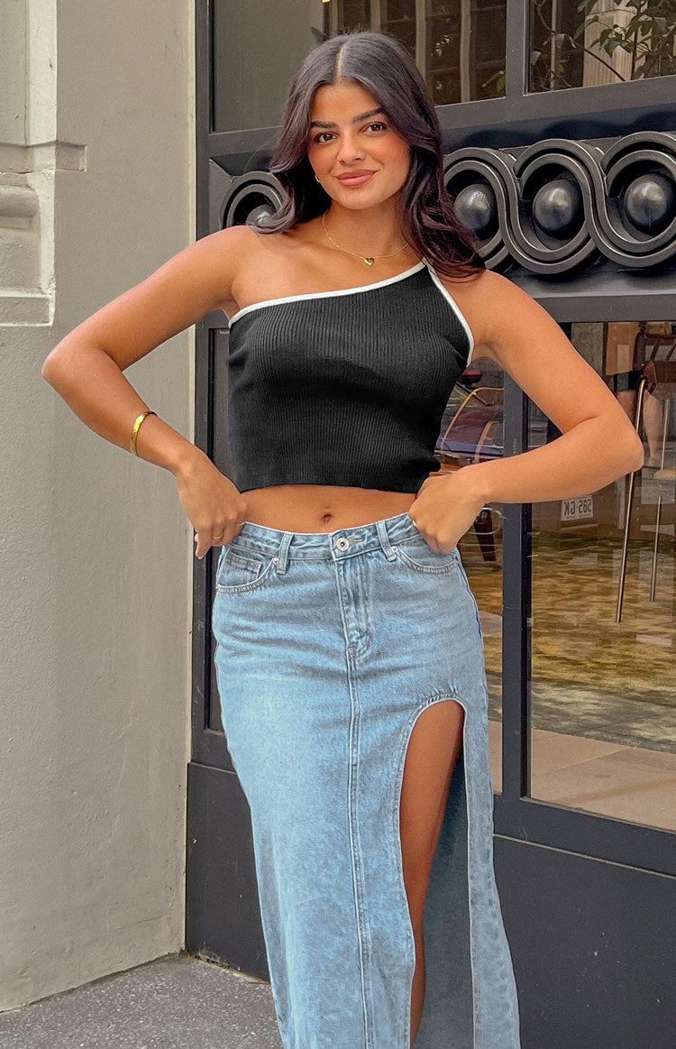 Kenzie Black Contrast Bind One Shoulder Top Image