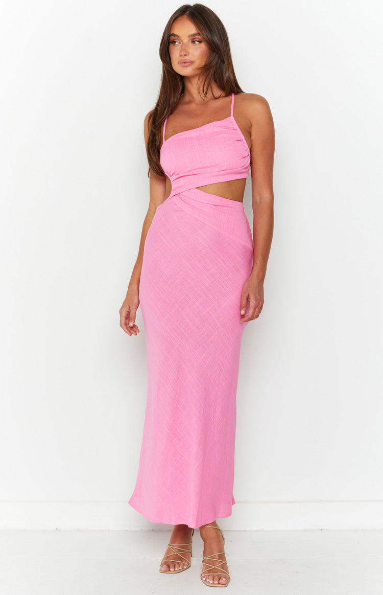 Front view of a pink textured maxi dress with waist cutouts and an asymmetrical one-shoulder design