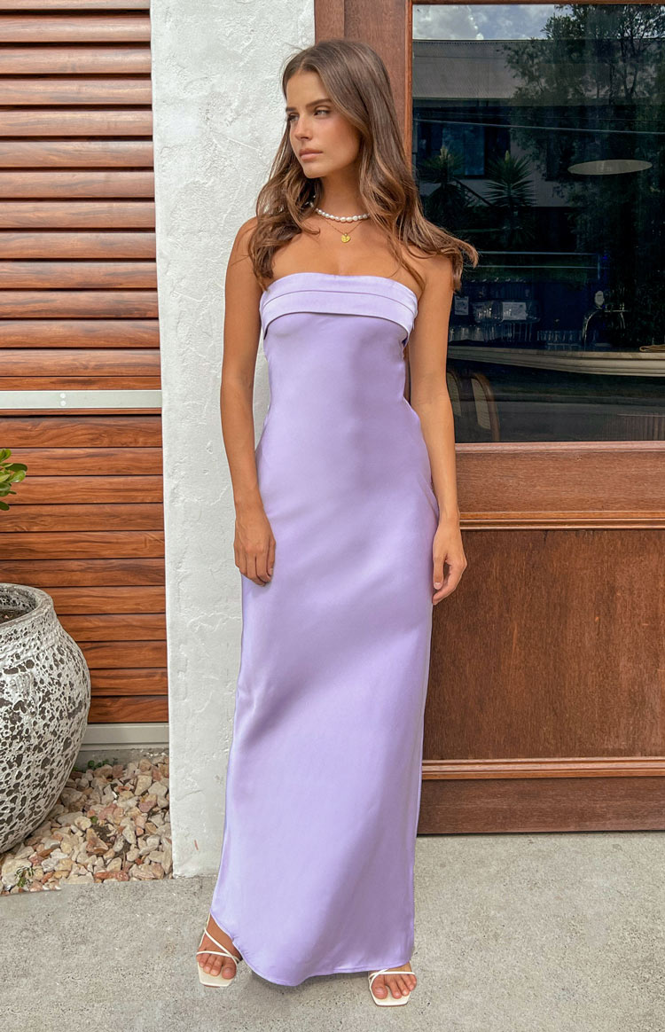 Beginning Boutique Maiah Lilac Maxi Dress lilac satin strapless maxi dress with a folded bandeau neckline