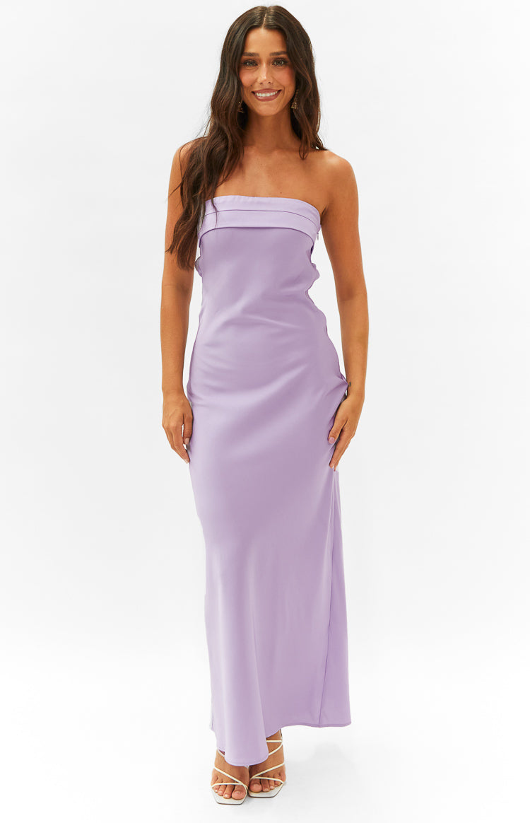 Front view of a lilac strapless maxi dress with a folded bandeau neckline