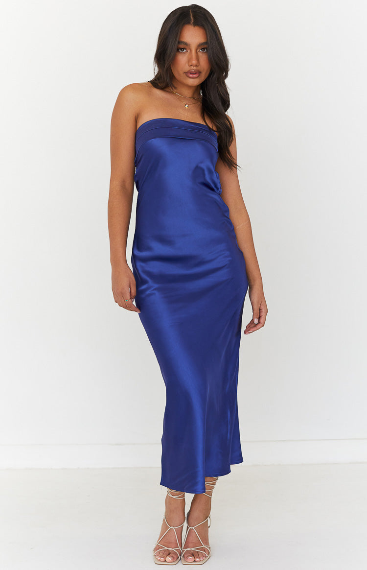 Navy satin strapless maxi dress with a folded band neckline and a bodycon silhouette
