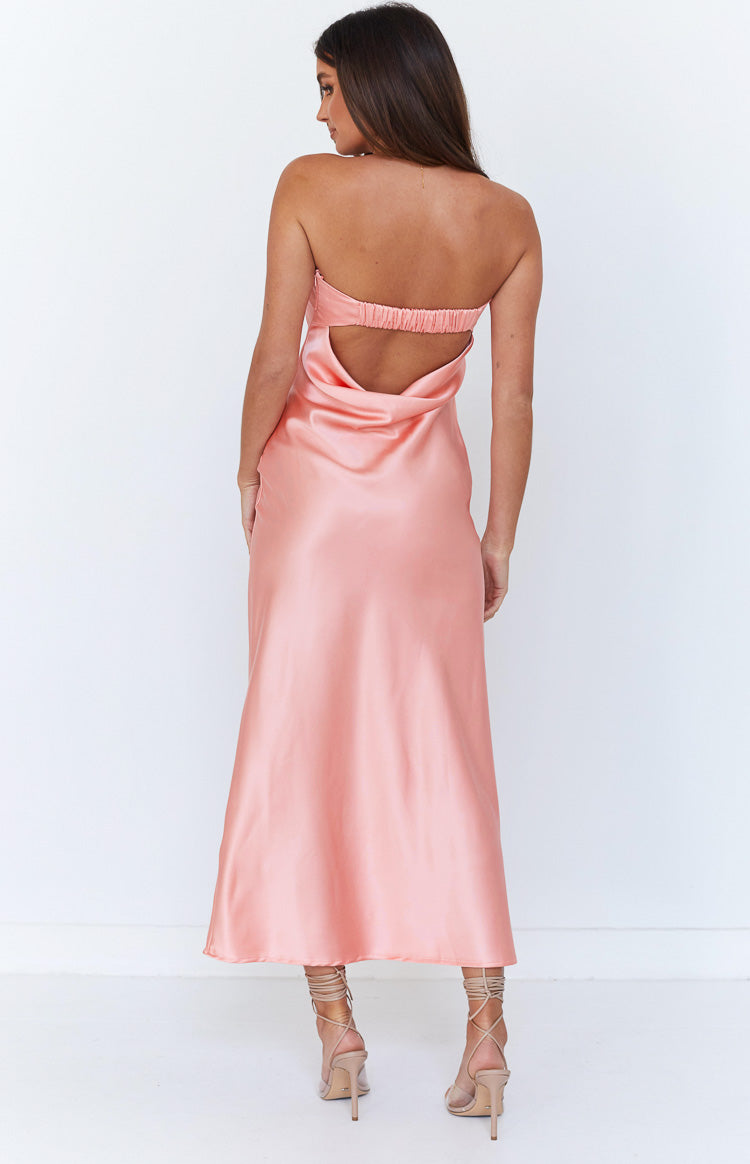 Rear view of a pink satin strapless maxi dress with an elasticated back band and low cowl back