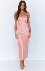 Pink satin strapless maxi dress with a straight neckline and a smooth, flowing silhouette