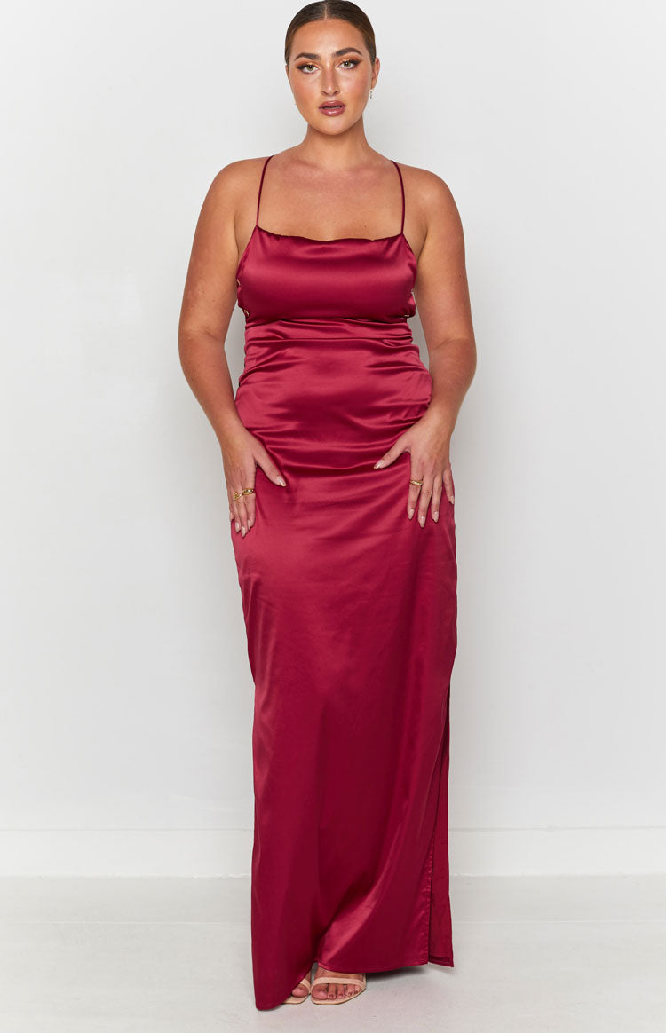Wine red satin maxi dress with thin spaghetti straps, square neckline, and a side leg slit