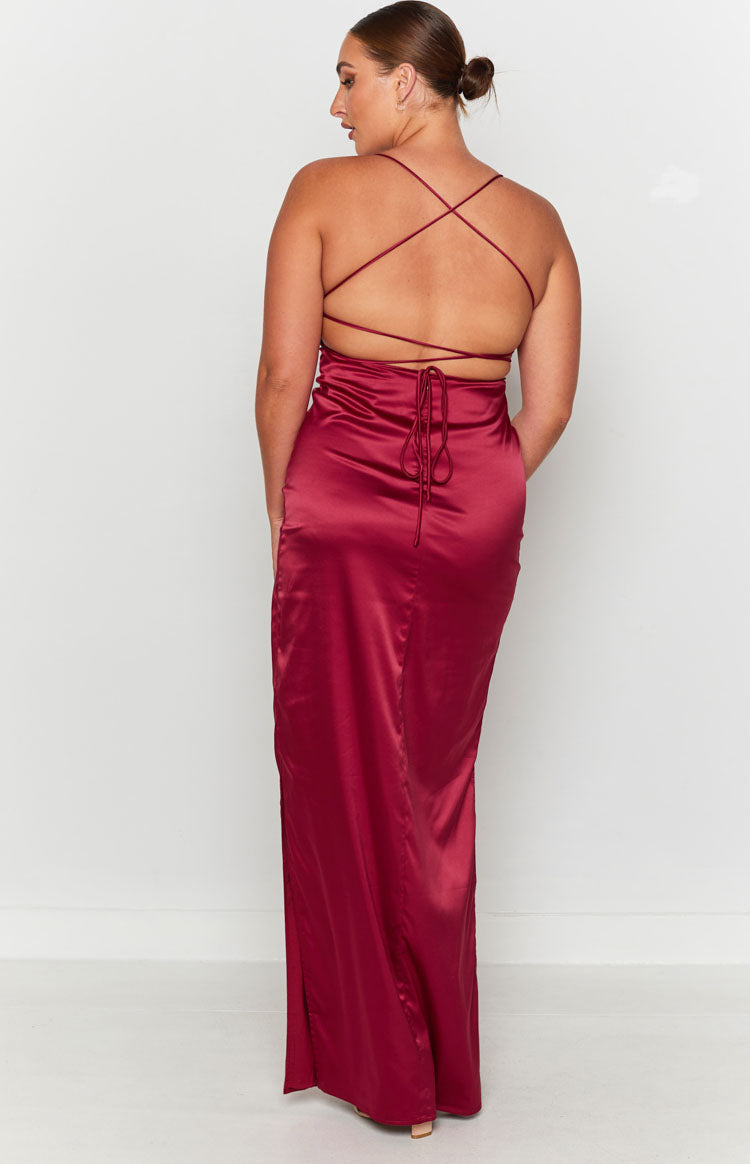 Deep red satin maxi dress featuring an open back with criss-cross spaghetti straps and tie-up detail