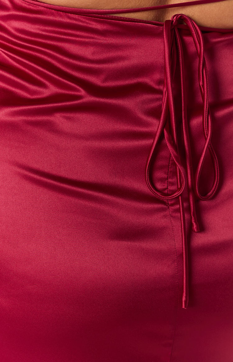 Wine satin fabric with gathered side detail and delicate self-tie straps