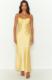 Yellow satin midi dress with a lace-trimmed bust, delicate spaghetti straps, and a fluid silhouette