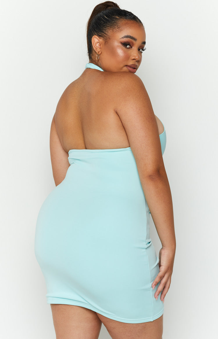Back view of the light blue mini dress, highlighting the cross neck halter strap and open back