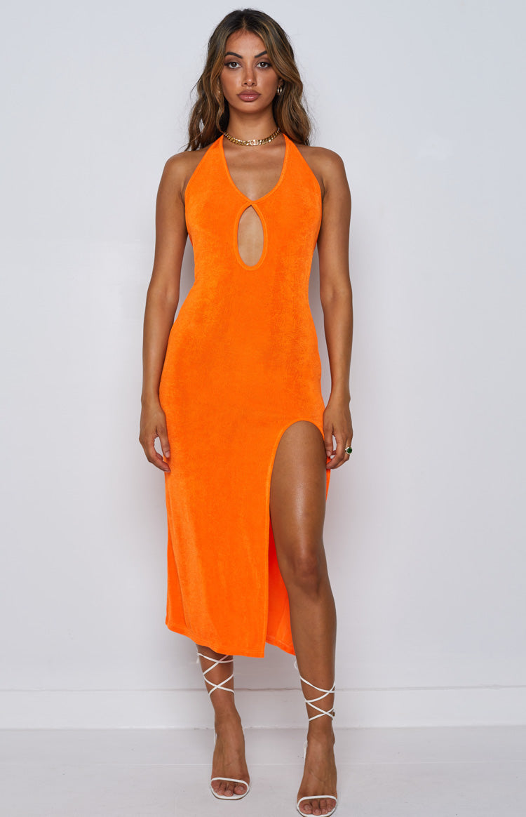 Beginning Boutique Helena Midi Dress Orange orange textured halter neck midi dress with a keyhole cutout and high side slit