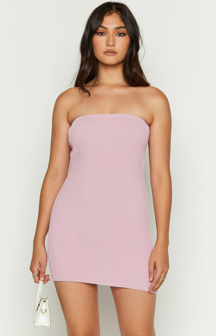 Beginning Boutique Rebecca Pink Mini Dress light pink strapless ribbed knit bodycon mini dress