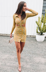 Yellow, orange, and blue marl knit mini dress with collared V-neck, long sleeves, side cut-outs, and button front
