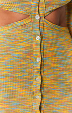 Yellow, blue, and orange space dye ribbed knit mini dress with side waist cutouts and a front placket of white shell buttons