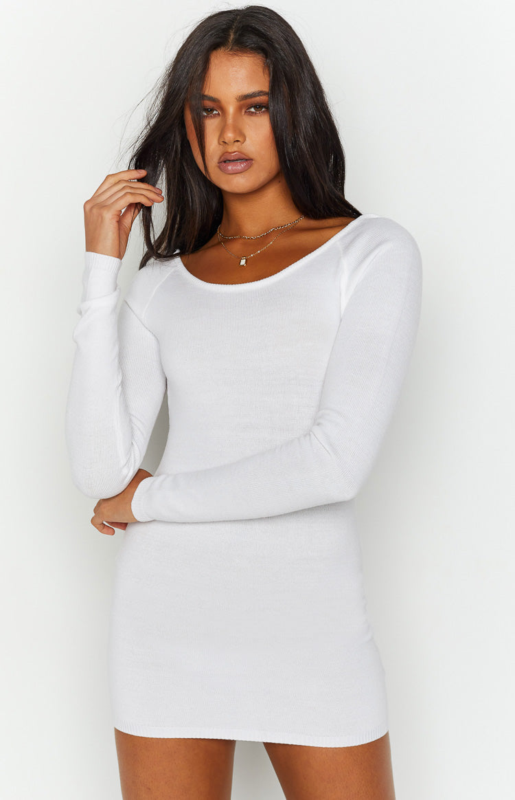 White ribbed knit mini dress with a wide scoop neck and long raglan sleeves