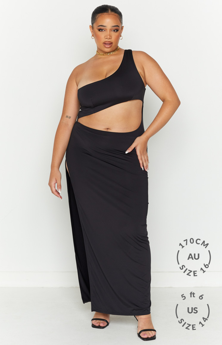 Black one-shoulder maxi dress with a large side cut-out at the waist and a high leg slit