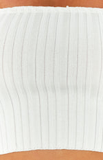 Close-up of the white knit bandeau top showing the fine vertical ribbing