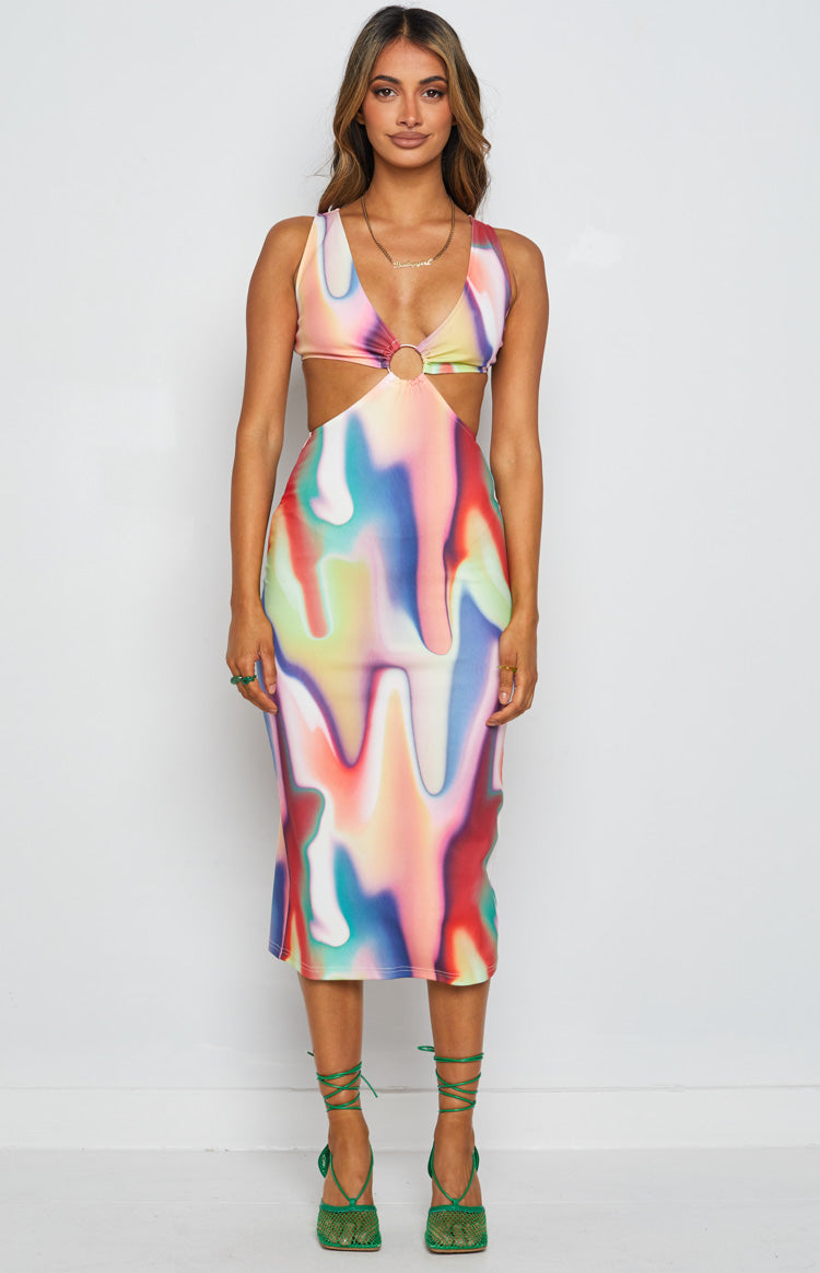 Front view of a multi-coloured abstract print midi dress with a V-neckline and gold O-ring detail at the waist cutouts