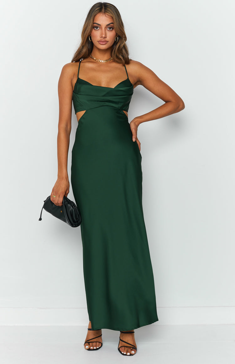 Dark green satin-look maxi dress with cowl neckline, thin straps, and side waist cutouts