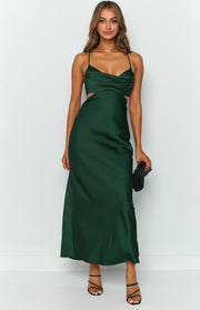 Dark green satin maxi dress with a draped cowl neckline and side waist cutouts