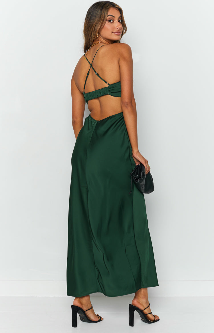 Emerald green satin maxi dress with open back cutouts, ruched band, and criss-cross spaghetti straps