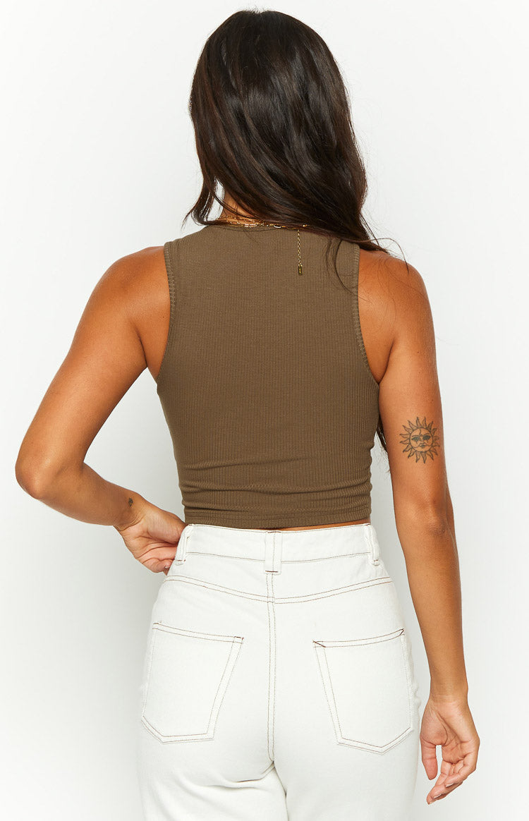 Rear view of a fitted chocolate brown ribbed tank top