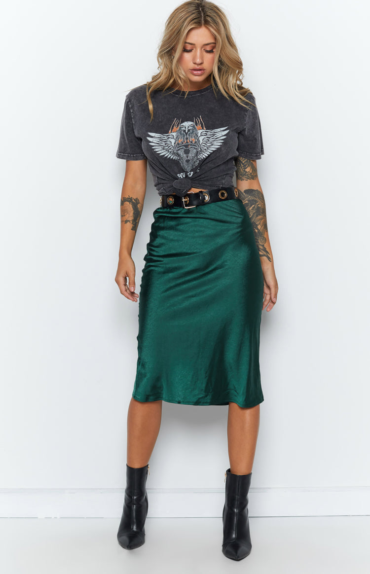 Emerald green silky midi skirt with a smooth drape