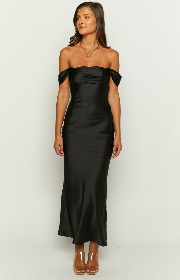 Front view of a black satin off-shoulder maxi dress with a draped neckline and flowing skirt
