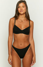 Front view of black mesh briefs with a high-cut V-shaped front