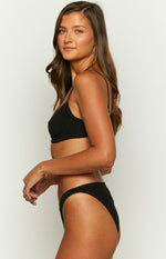 Side view of black mesh briefs with a high-cut leg and smooth, form-fitting silhouette