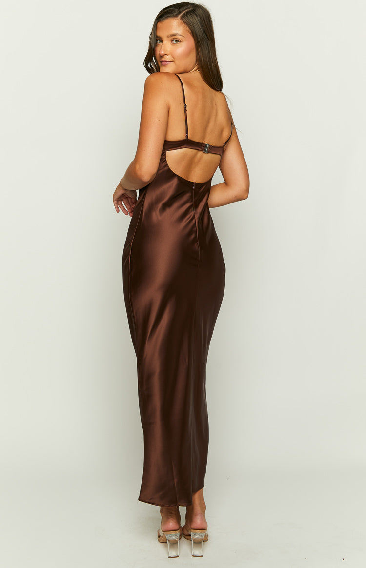 Rear view of a brown satin maxi dress with thin spaghetti straps and an open back with a clasp closure