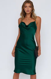 Emerald satin midi dress with a draped cowl neckline and thin spaghetti straps